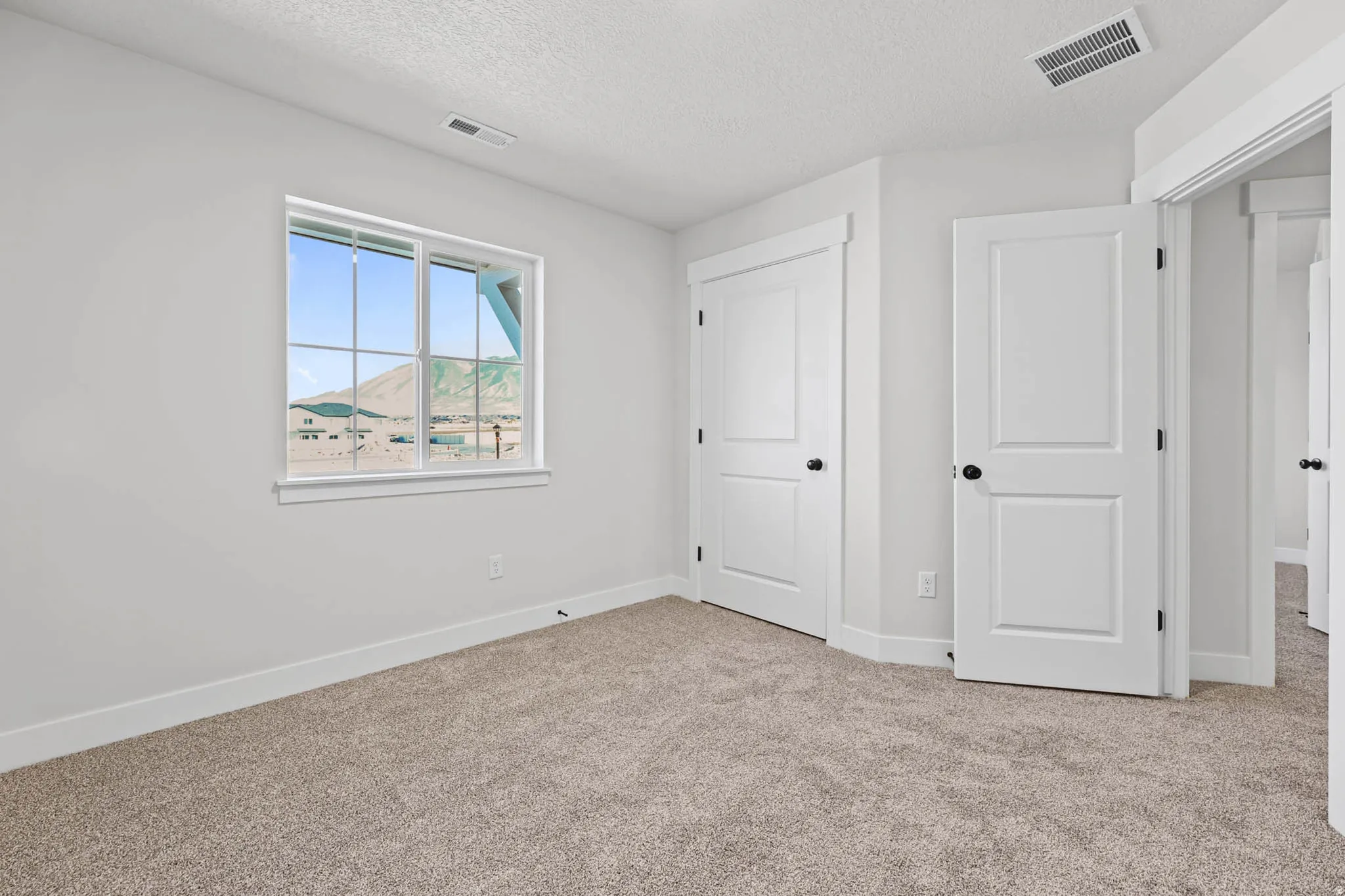 Unfurnished bedroom featuring light colored carpet and a textured ceiling