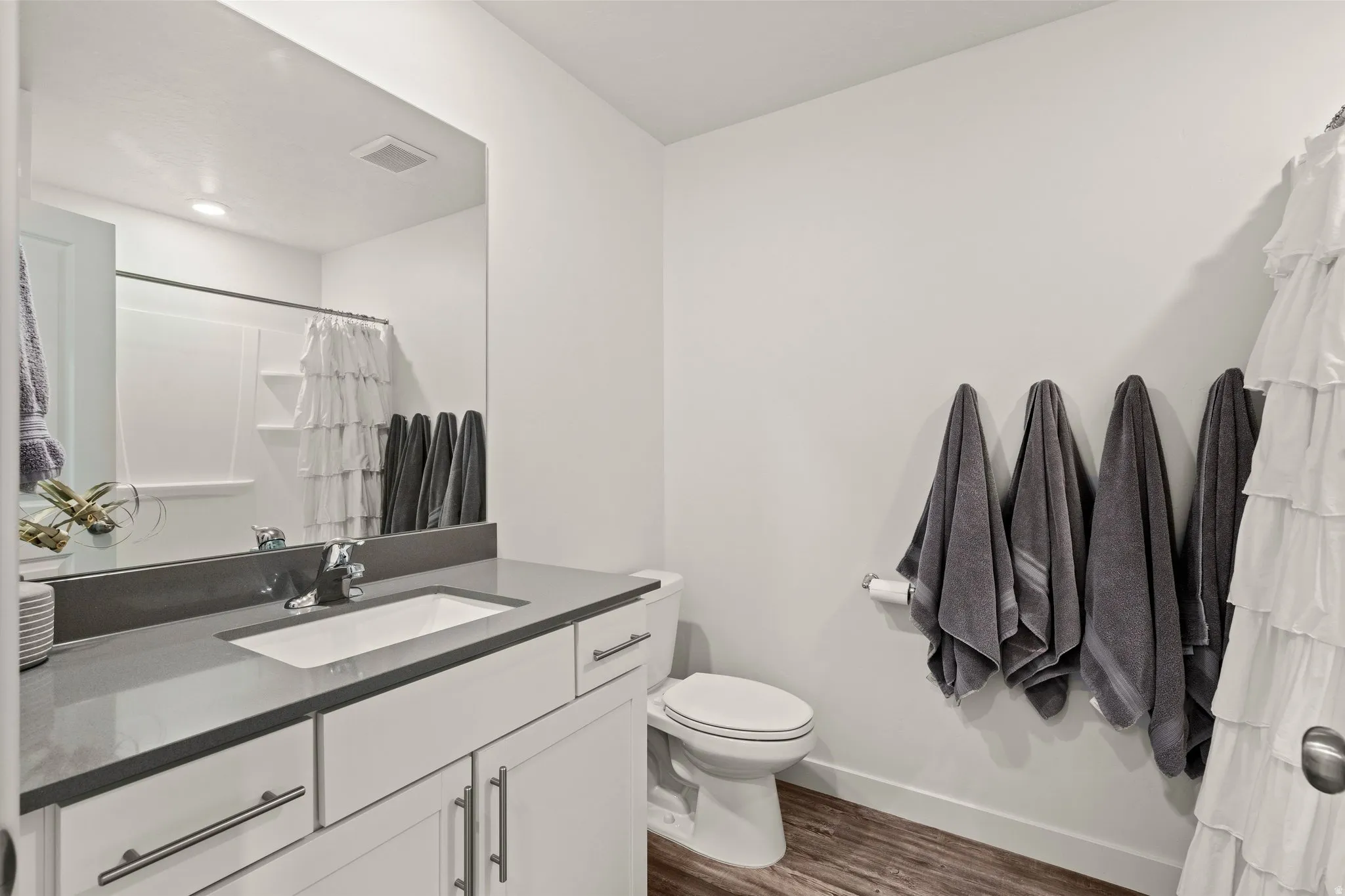 Bathroom featuring vanity, dark wood-type flooring, and curtained shower