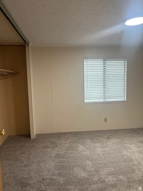 Unfurnished bedroom featuring a textured ceiling, a closet, carpet floors, and a decorative wall