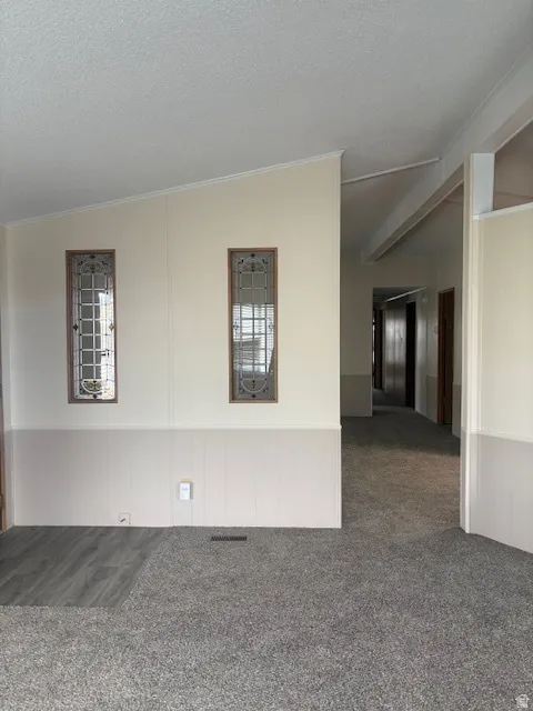 Carpeted empty room featuring a textured ceiling, wainscoting, and crown molding