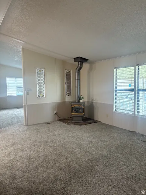 Unfurnished living room with carpet, a wood stove, and wainscoting