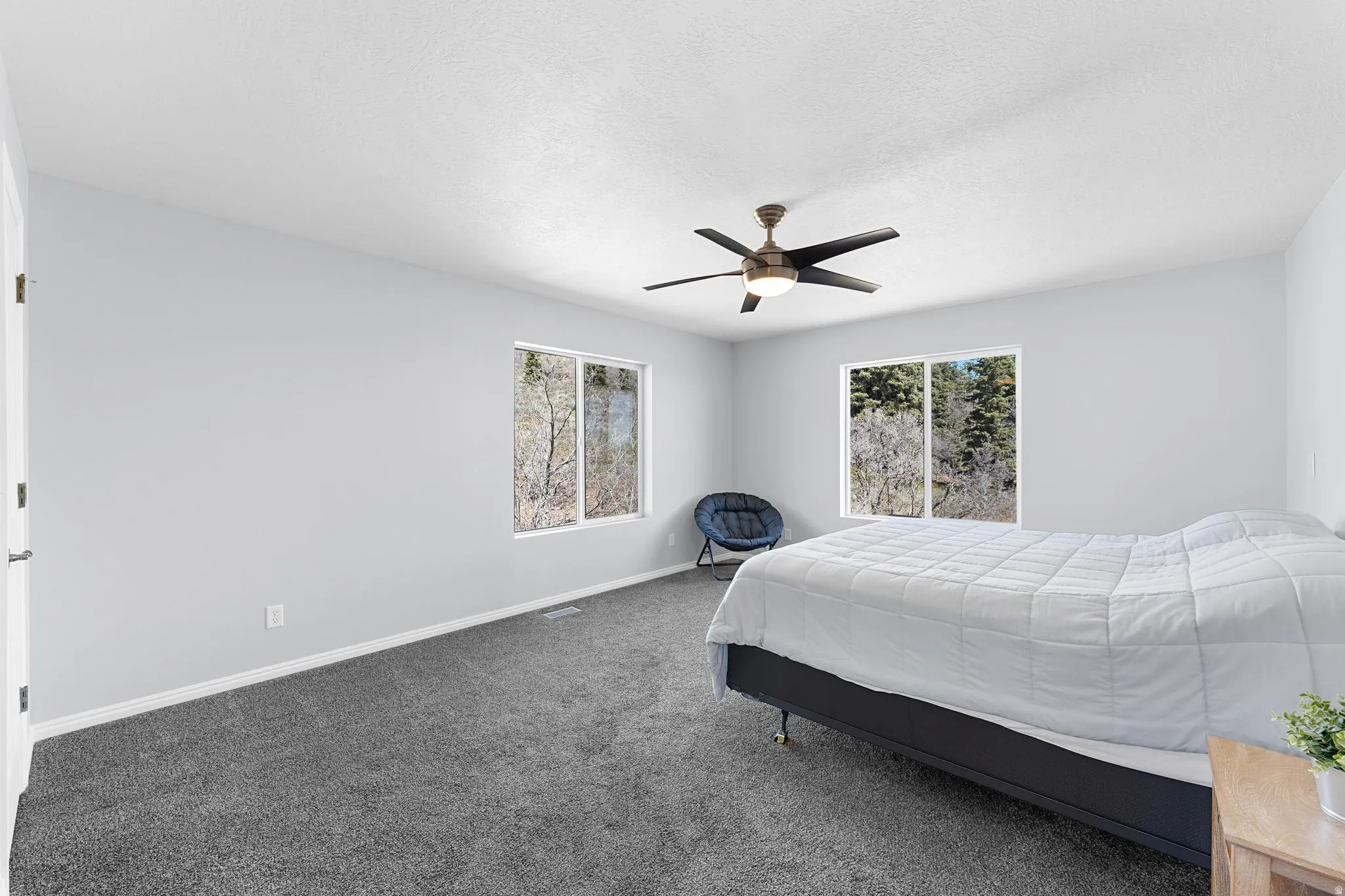 Spacious room featuring gray wall paint, gray carpeting, and multiple windows