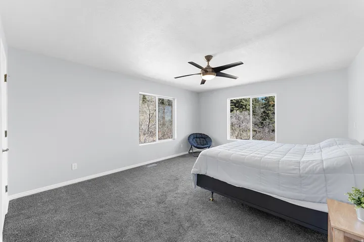Spacious room featuring gray wall paint, gray carpeting, and multiple windows