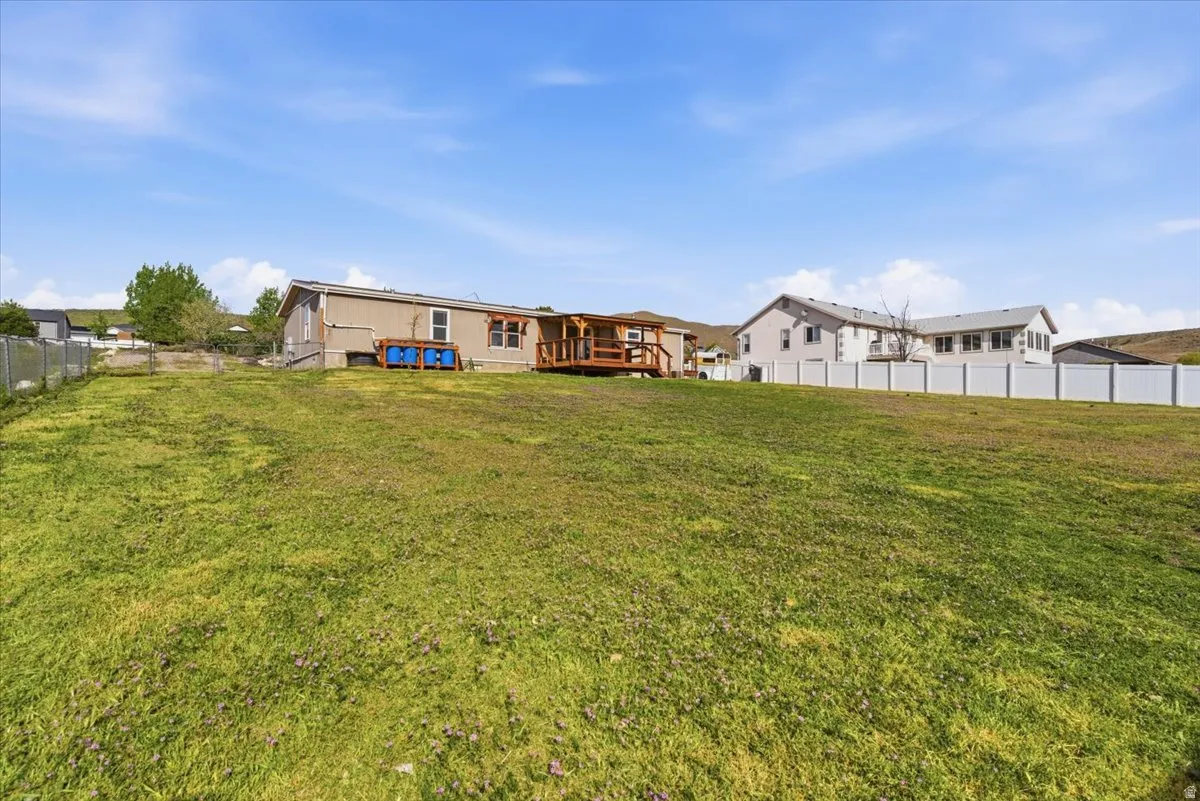 Back of property featuring a fenced backyard and a wooden deck