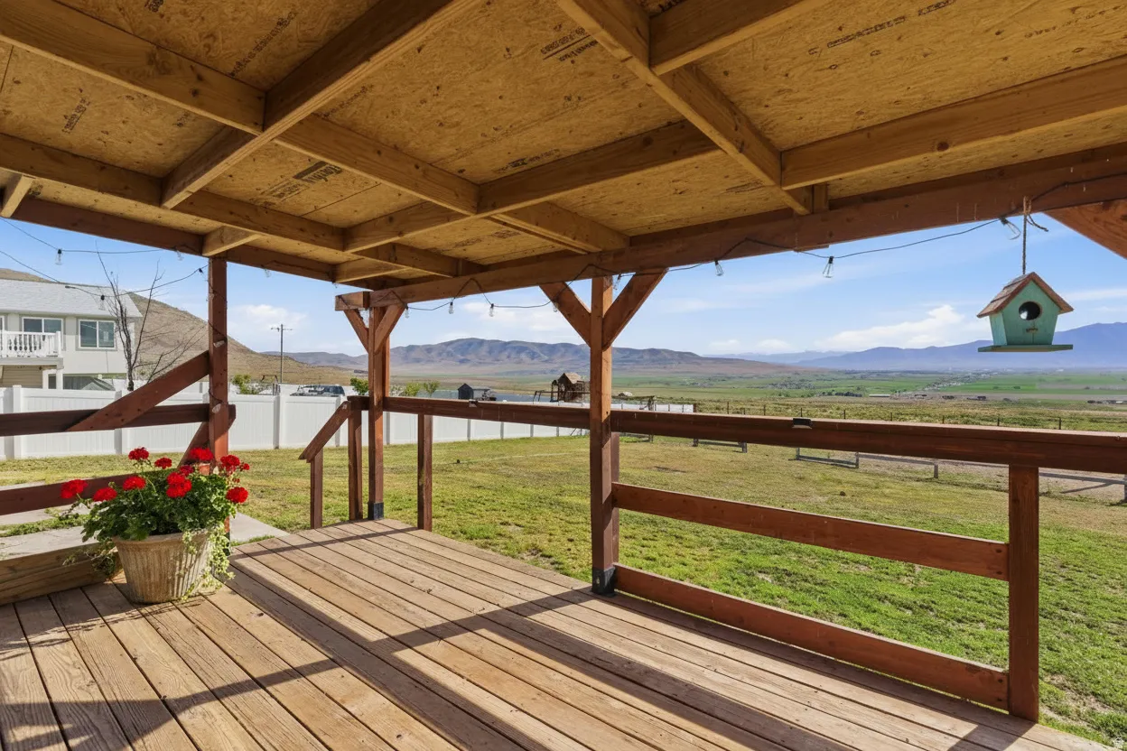 Wooden terrace with a mountain view and a fenced backyard
