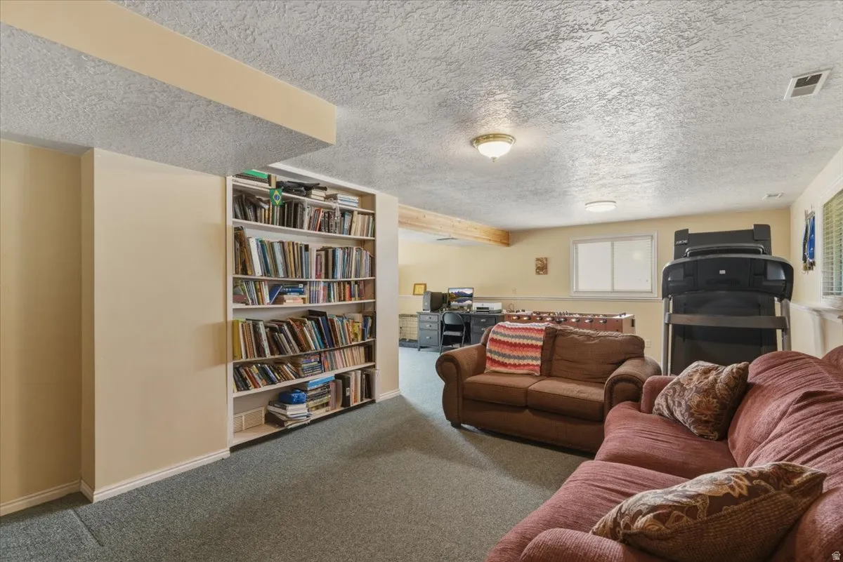 Living room featuring carpet flooring and a textured ceiling