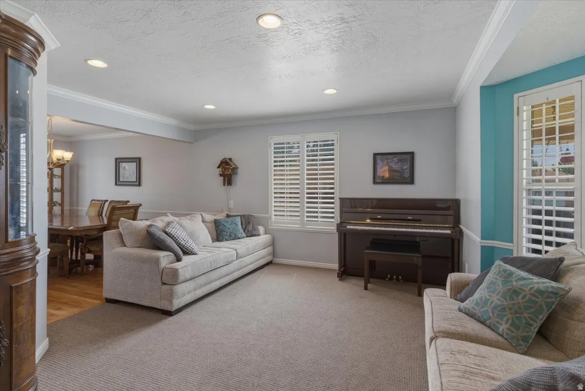 Living area featuring ornamental molding, a textured ceiling, carpet flooring, and suspended lighting