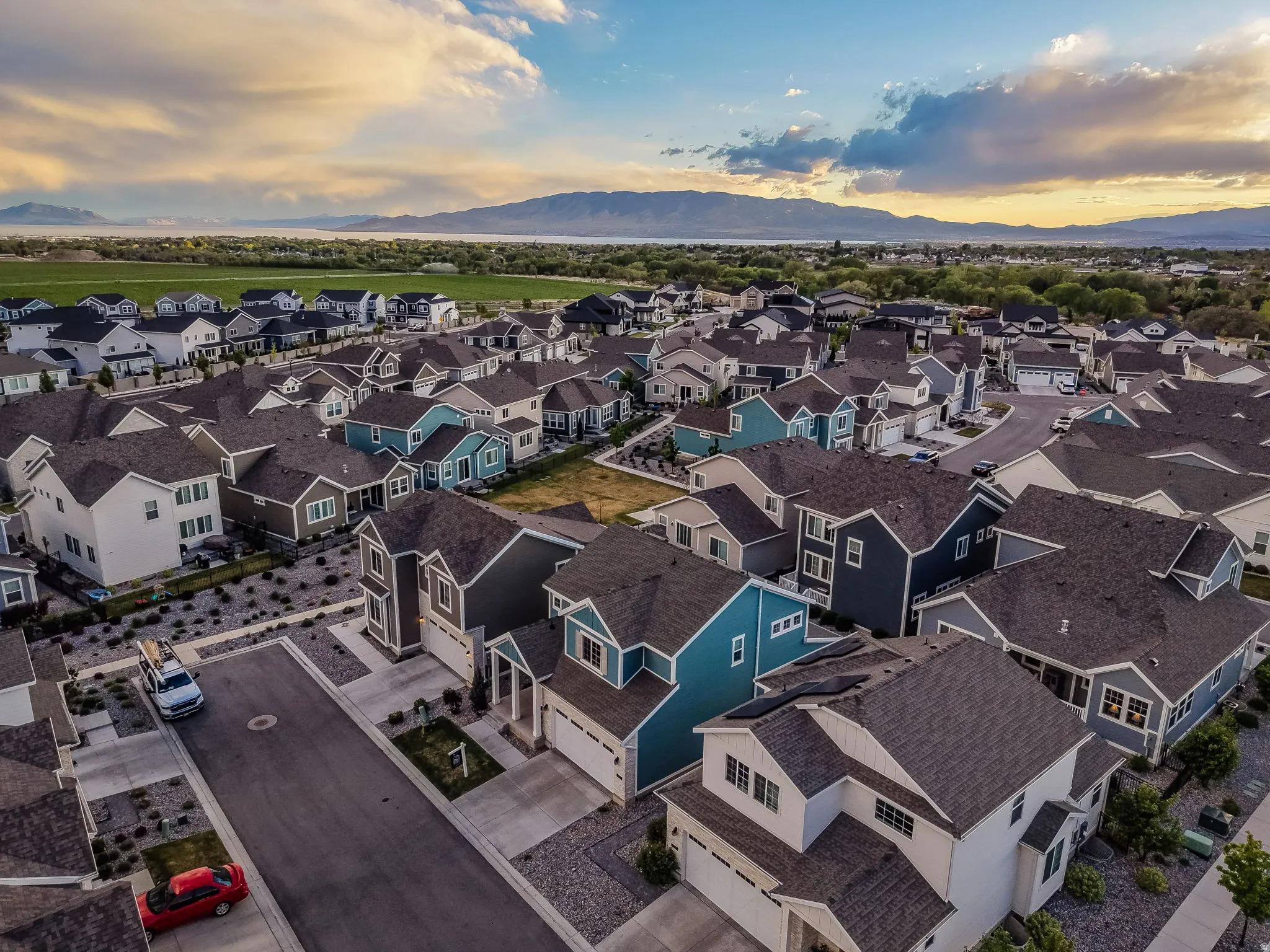 Aerial view at dusk of a mountain view and a residential view