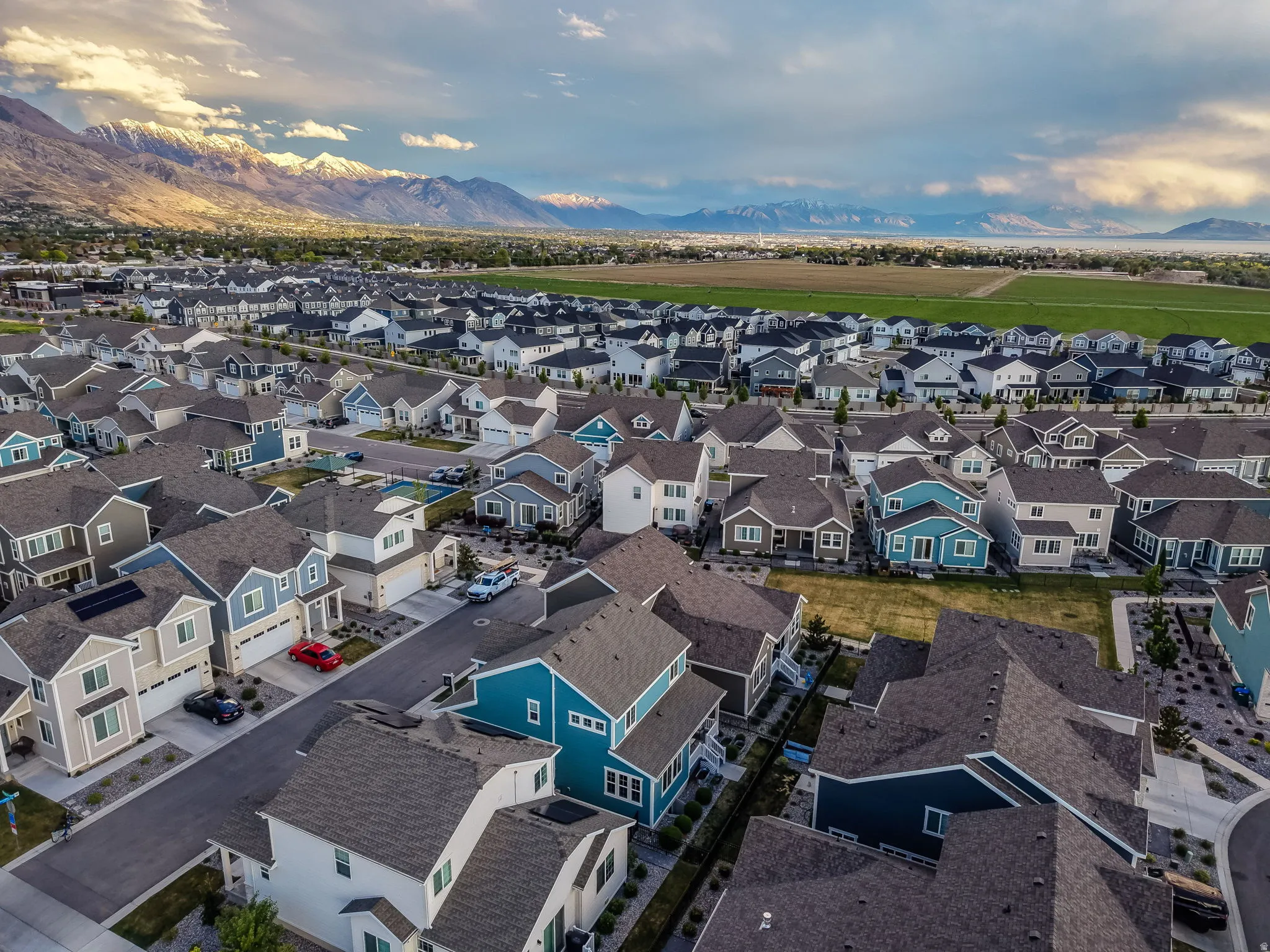 Aerial view of residential area with mountains