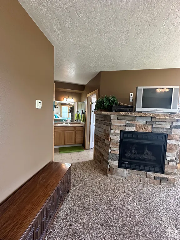 Living room with a fireplace, a textured ceiling, and light carpet