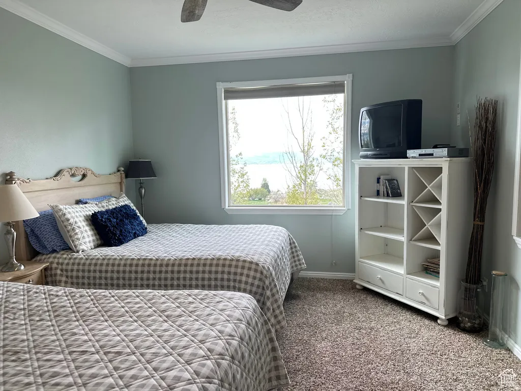 Carpeted bedroom featuring crown molding and ceiling fan