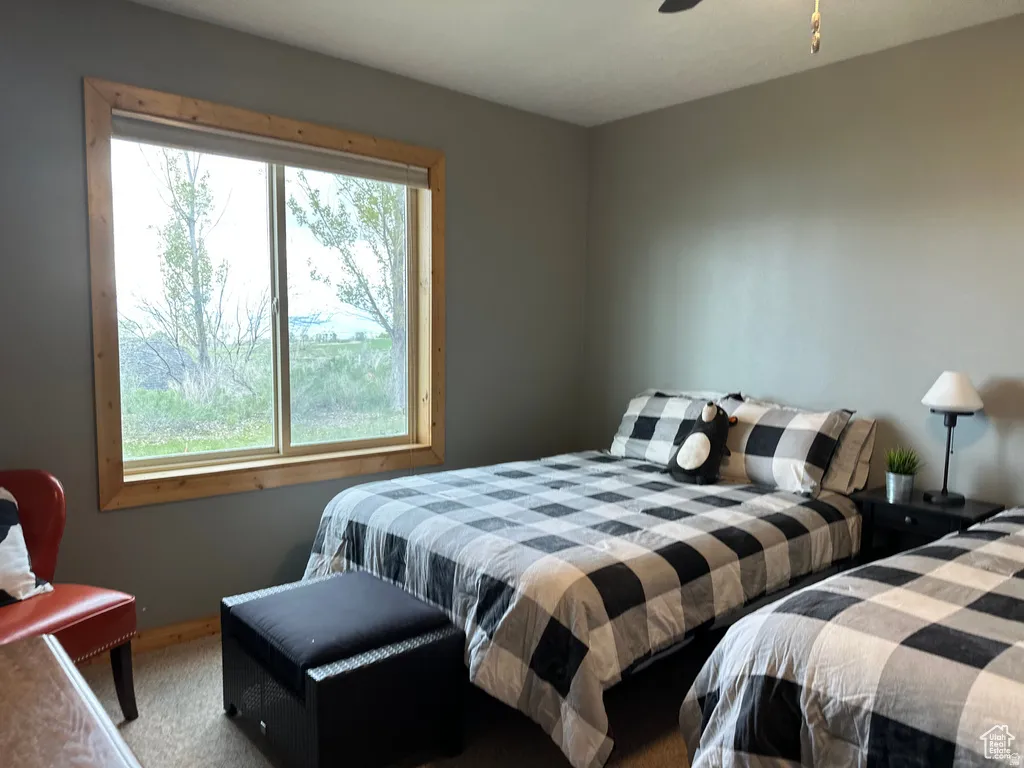 Bedroom with a ceiling fan and carpet