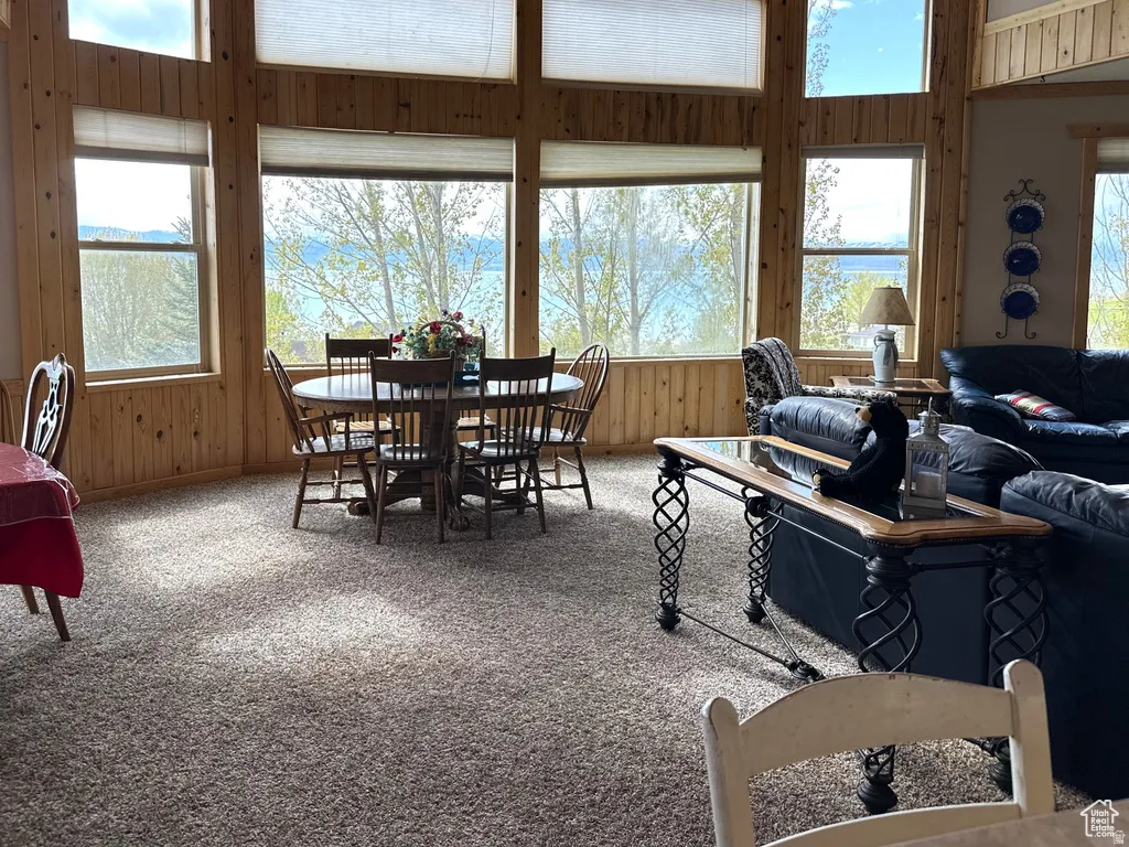 Dining space with carpet flooring and wood walls