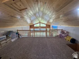 Game room with wood ceiling and carpet