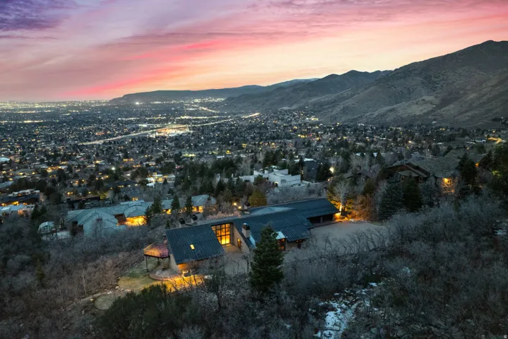 Aerial view at dusk of a mountain view