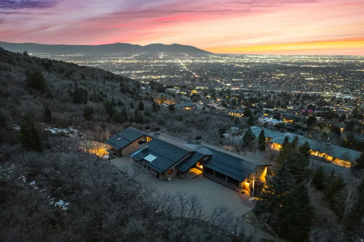 Aerial view at dusk of a mountain view