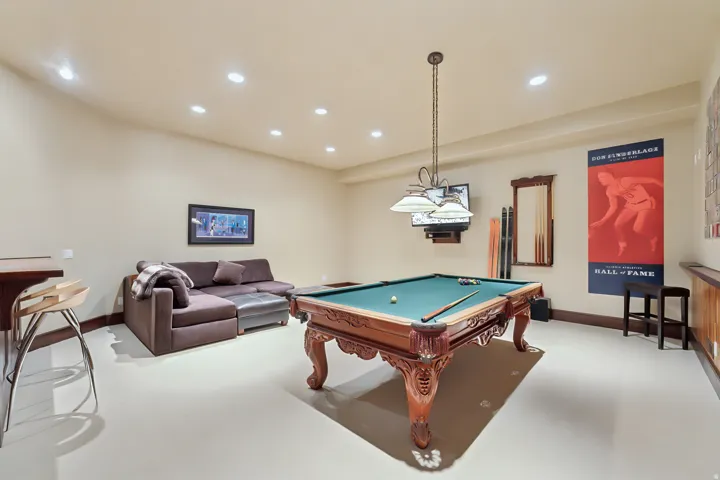 Rec room featuring billiards, recessed lighting, and carpet