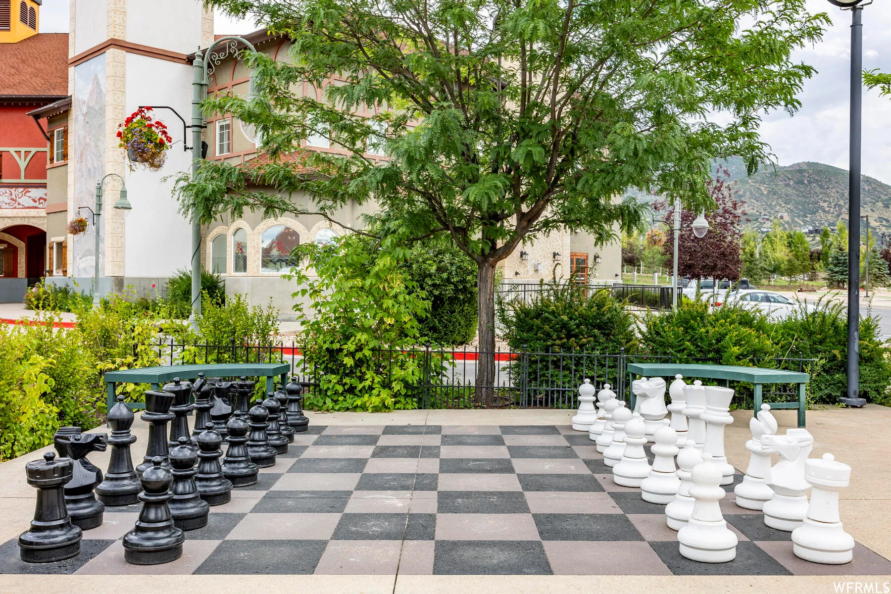 Patio area with giant chess board