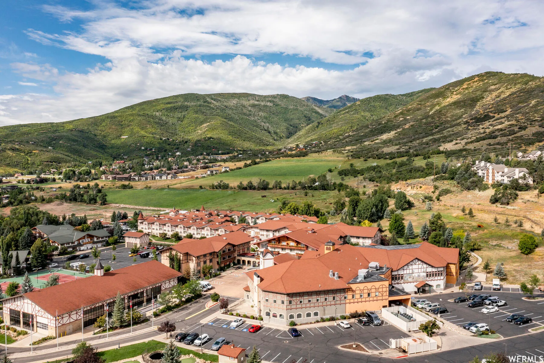 Drone / aerial view of Zermatt with a mountain backdrop