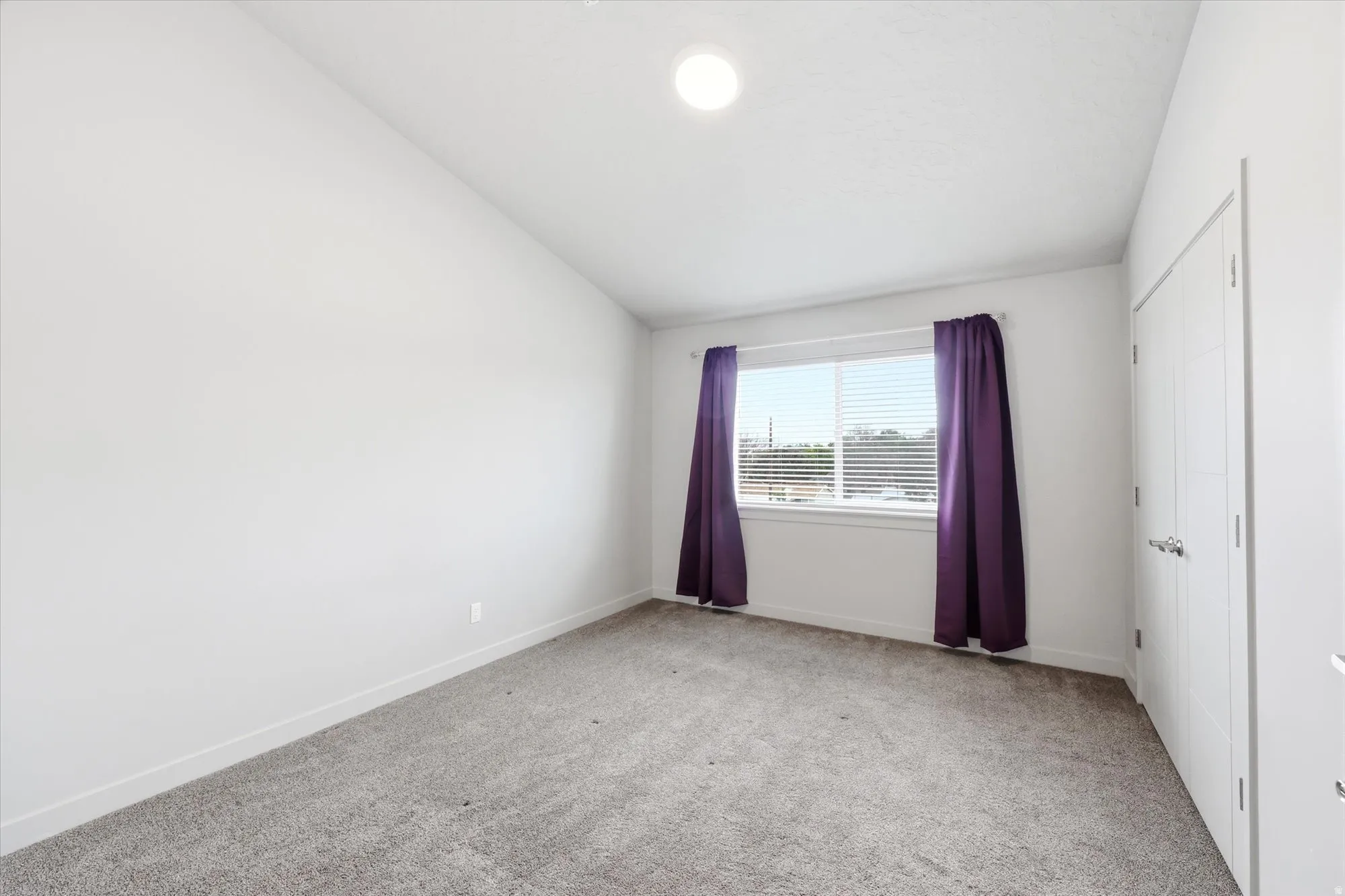 Unfurnished room featuring lofted ceiling and carpet