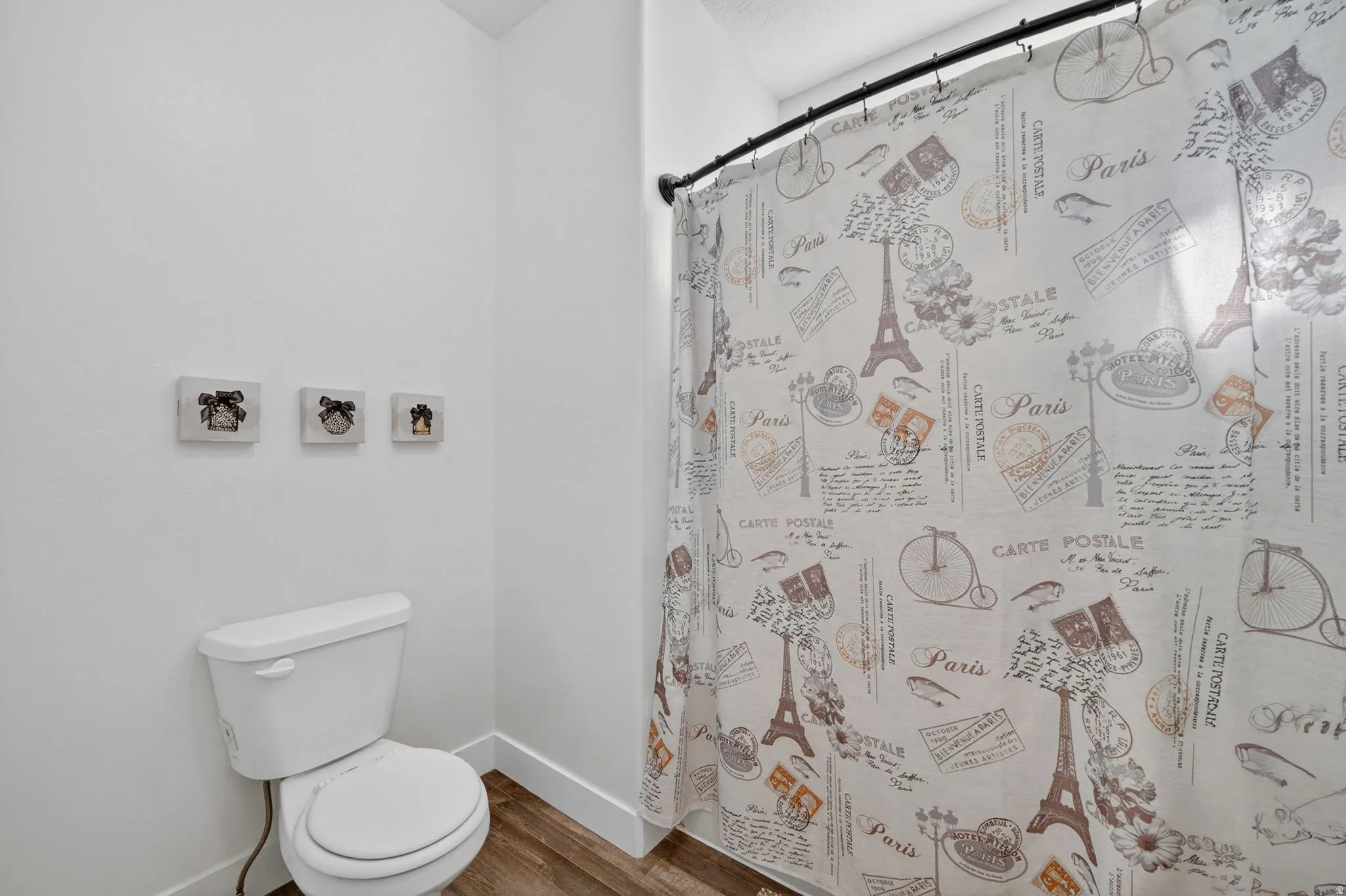 Bathroom featuring a shower with shower curtain and wood finished floors
