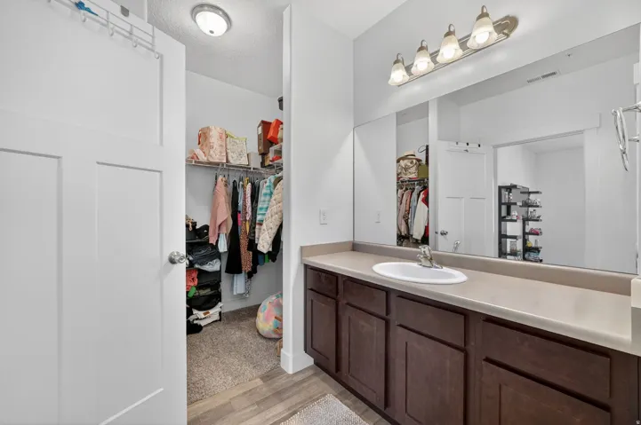 Bathroom with vanity, a walk in closet, and light wood-style floors