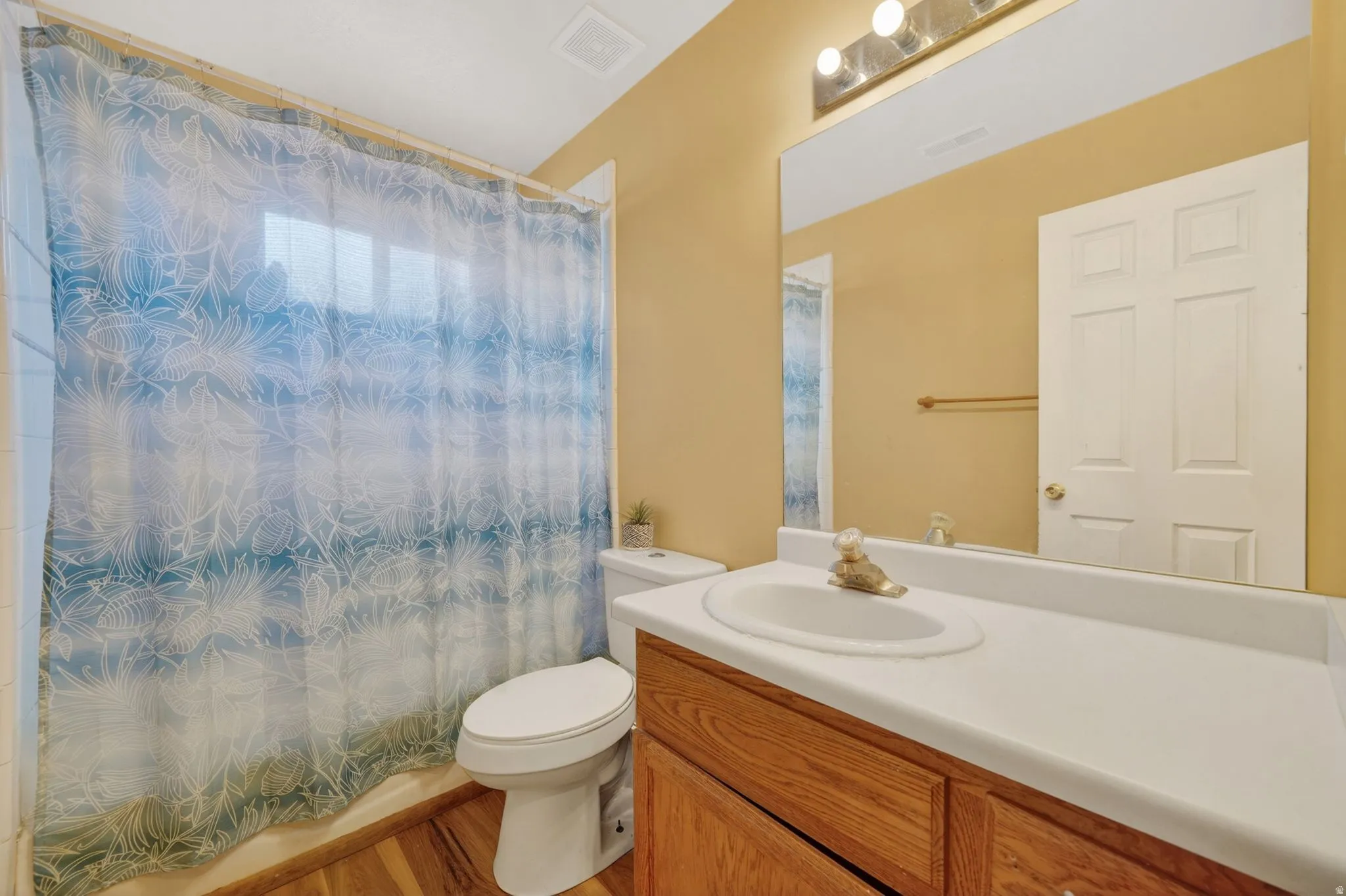 Bathroom with vanity and wood finished floors