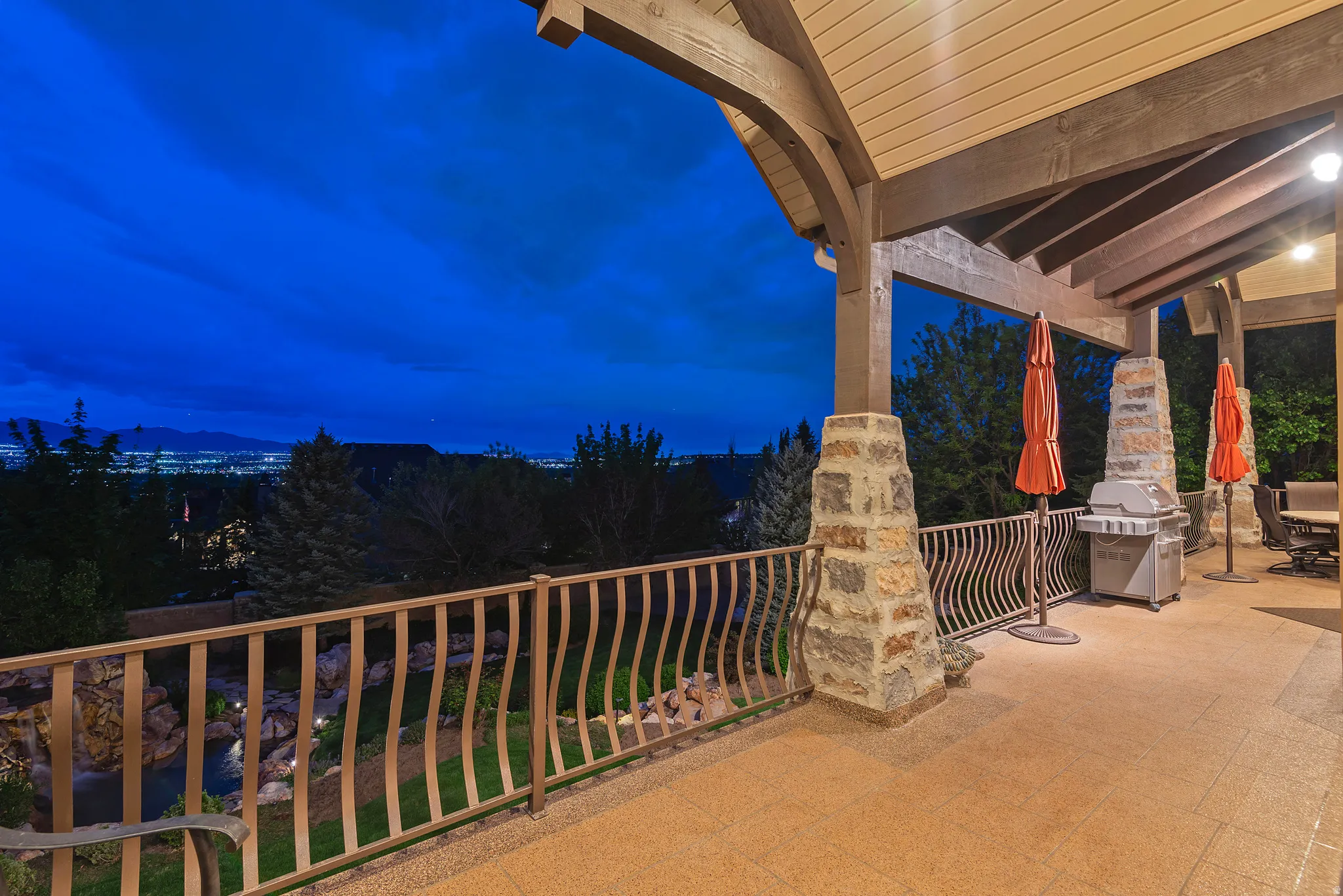 Patio at twilight with grilling area