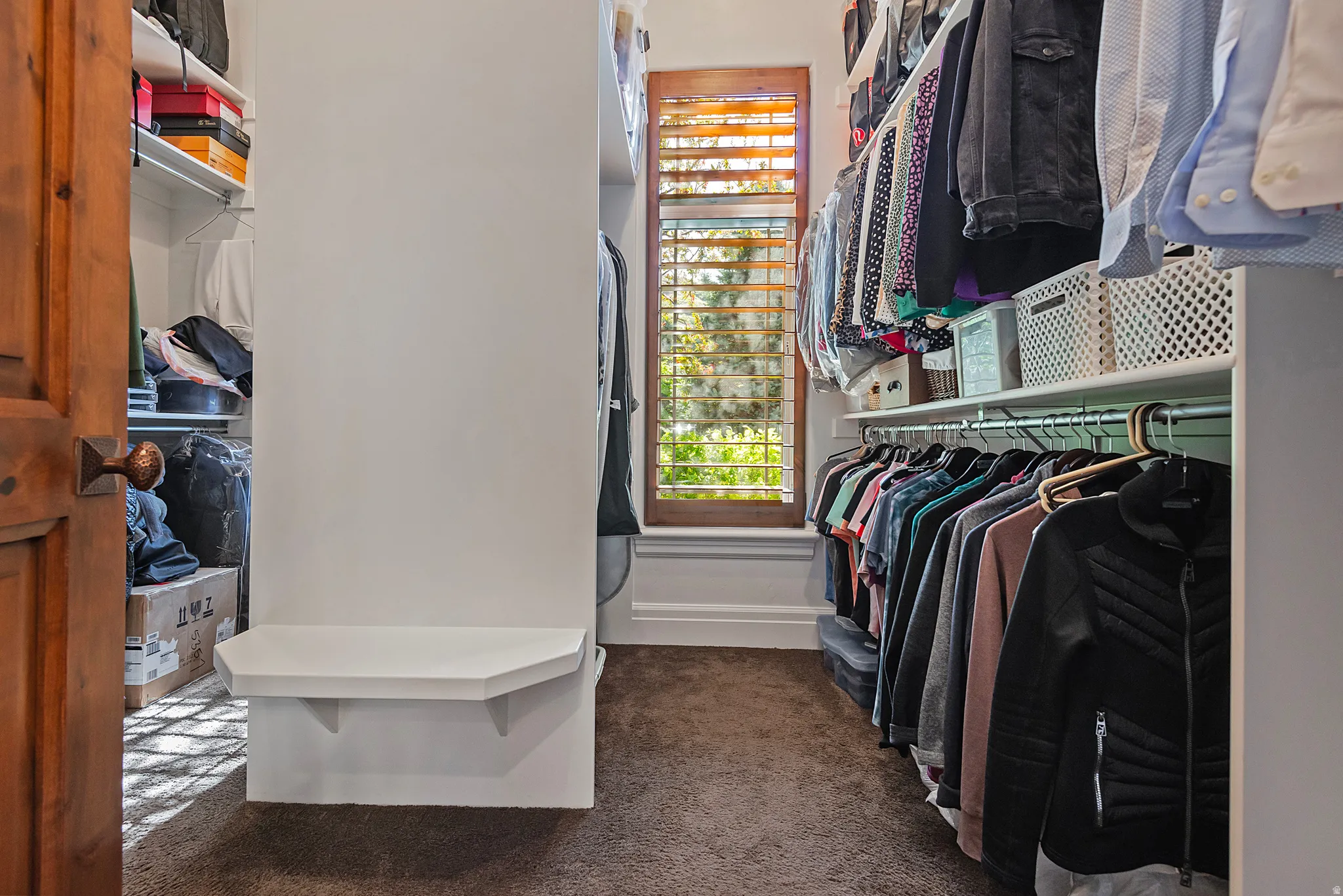 Walk in closet featuring dark colored carpet