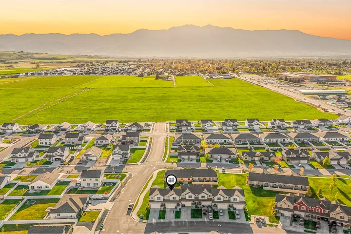 Aerial perspective of suburban area featuring mountains