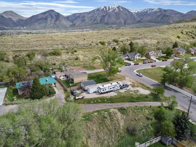 Aerial view of residential area with mountains