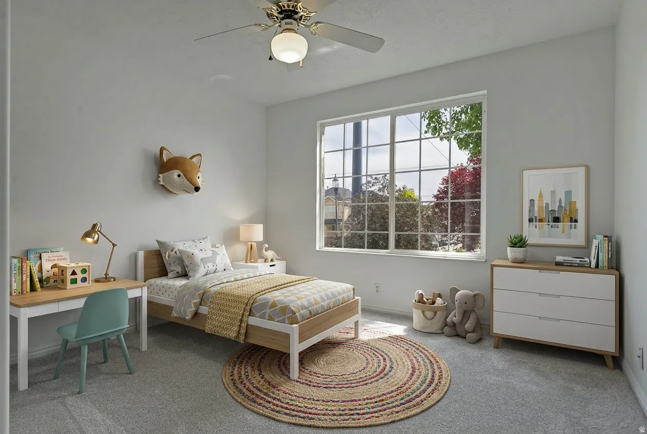 Carpeted bedroom featuring a ceiling fan and baseboards