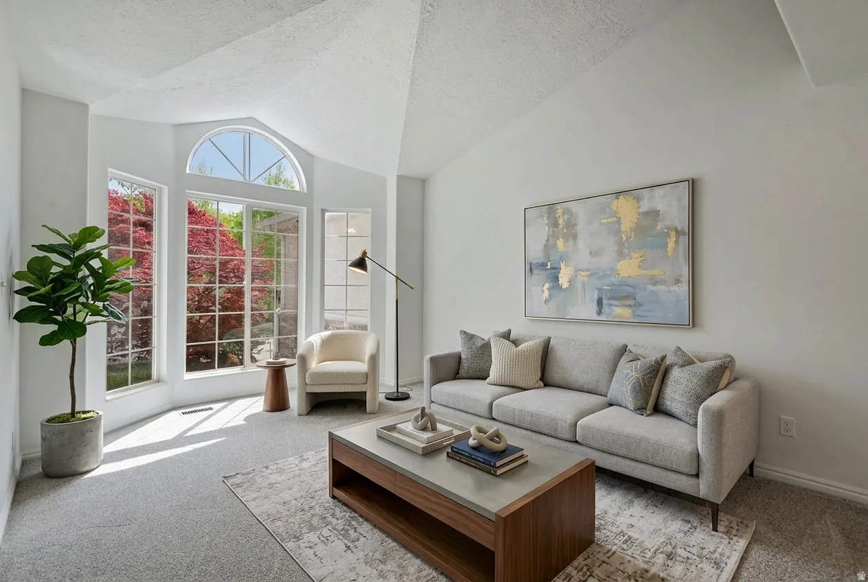 Living area with carpet floors and baseboards