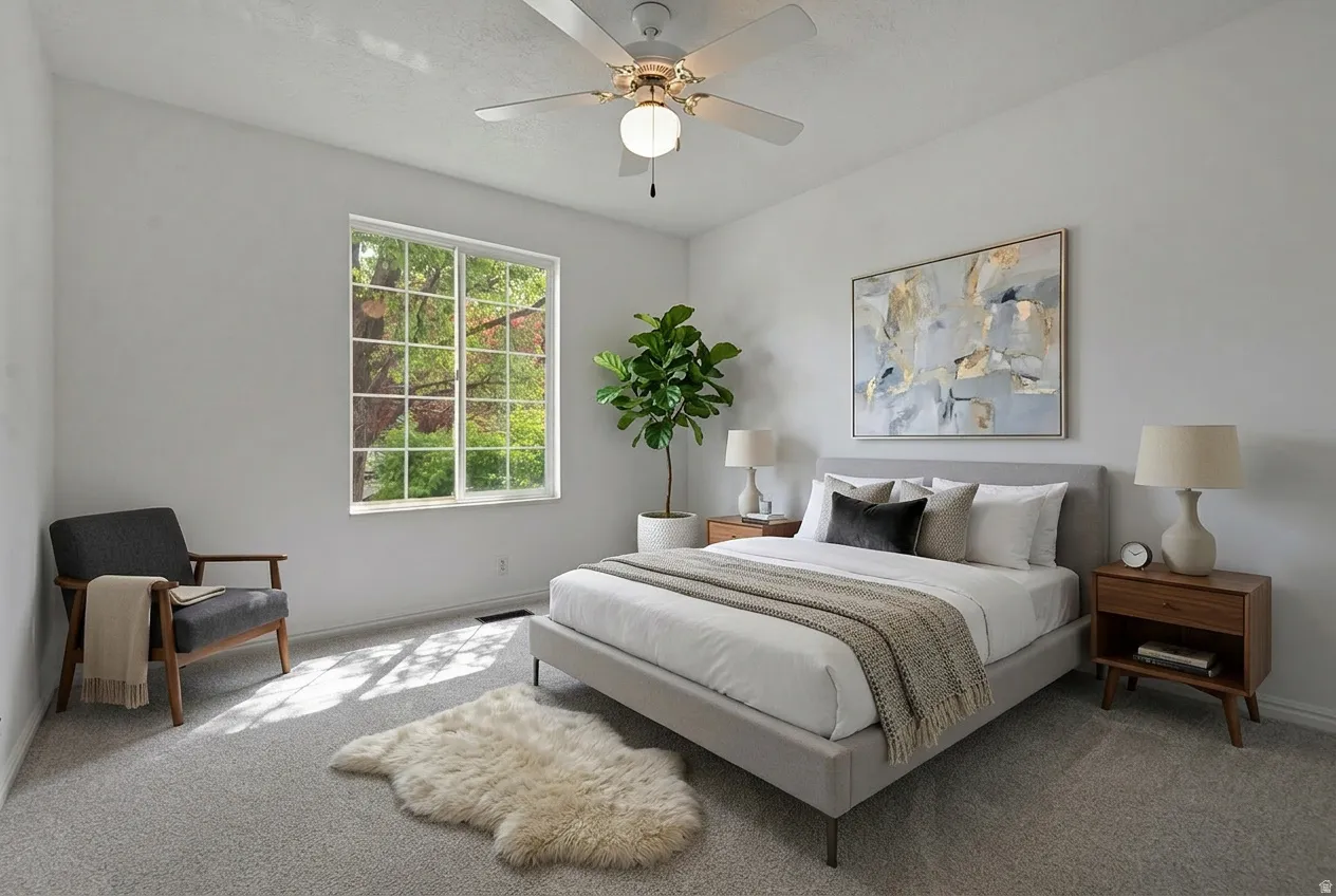 Bedroom with carpet and a ceiling fan