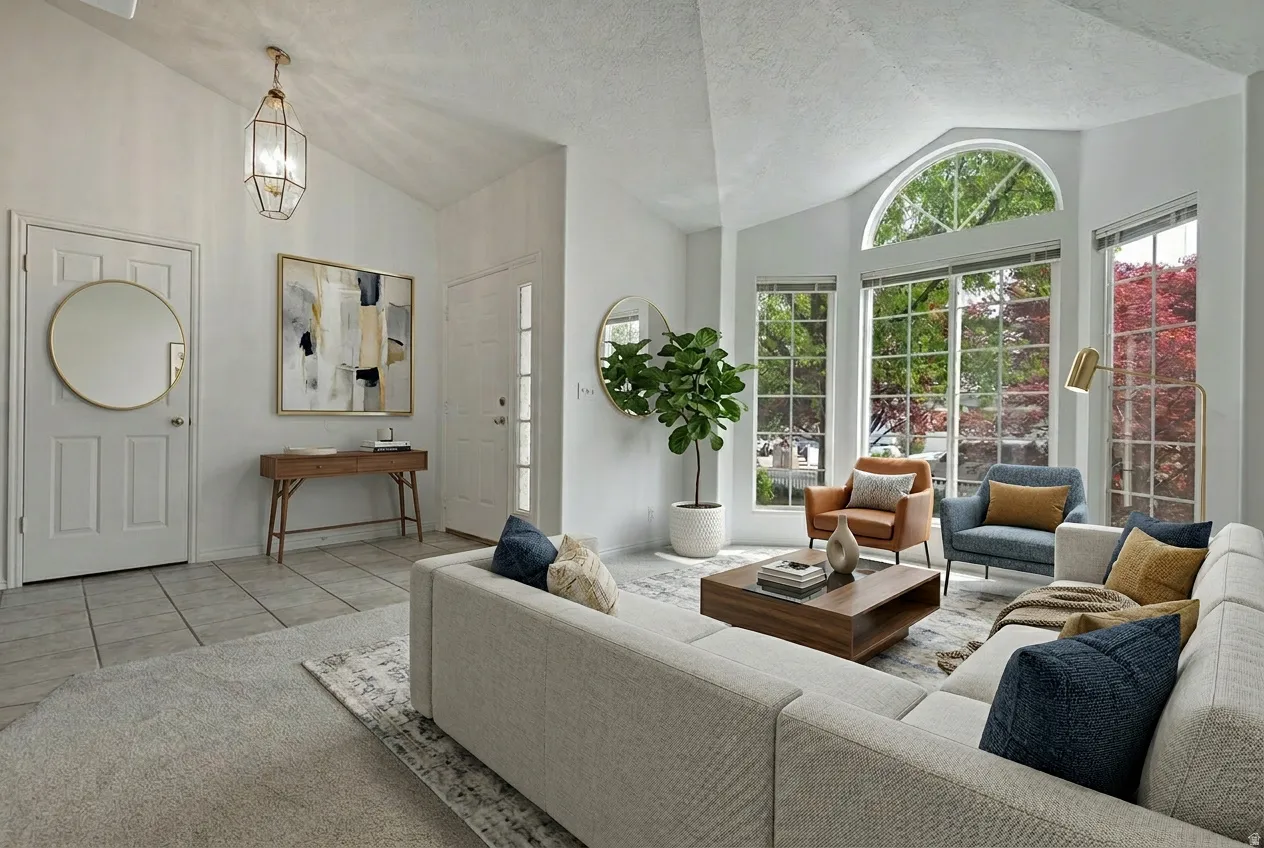 Living room with light tile patterned floors and a chandelier