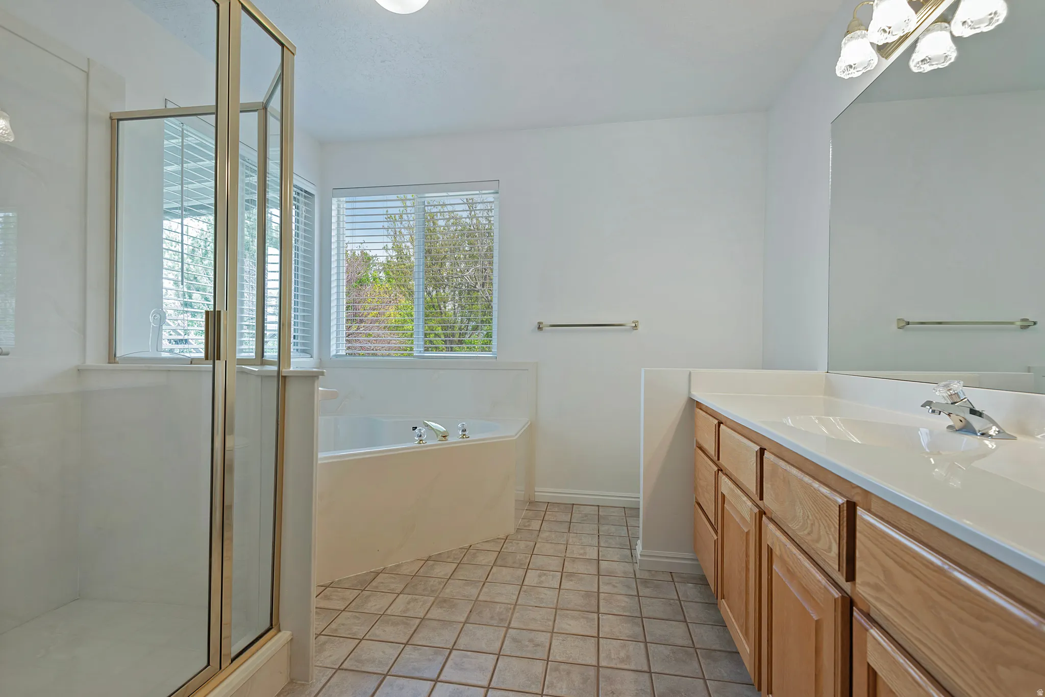 Full bathroom featuring vanity, a shower stall, a garden tub, and light tile patterned floors