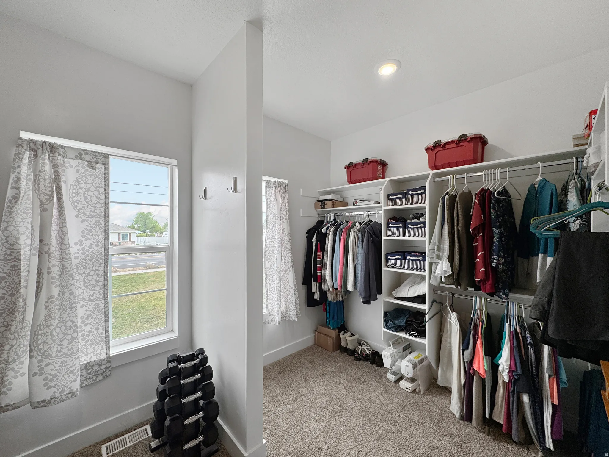 Walk in closet with light carpet