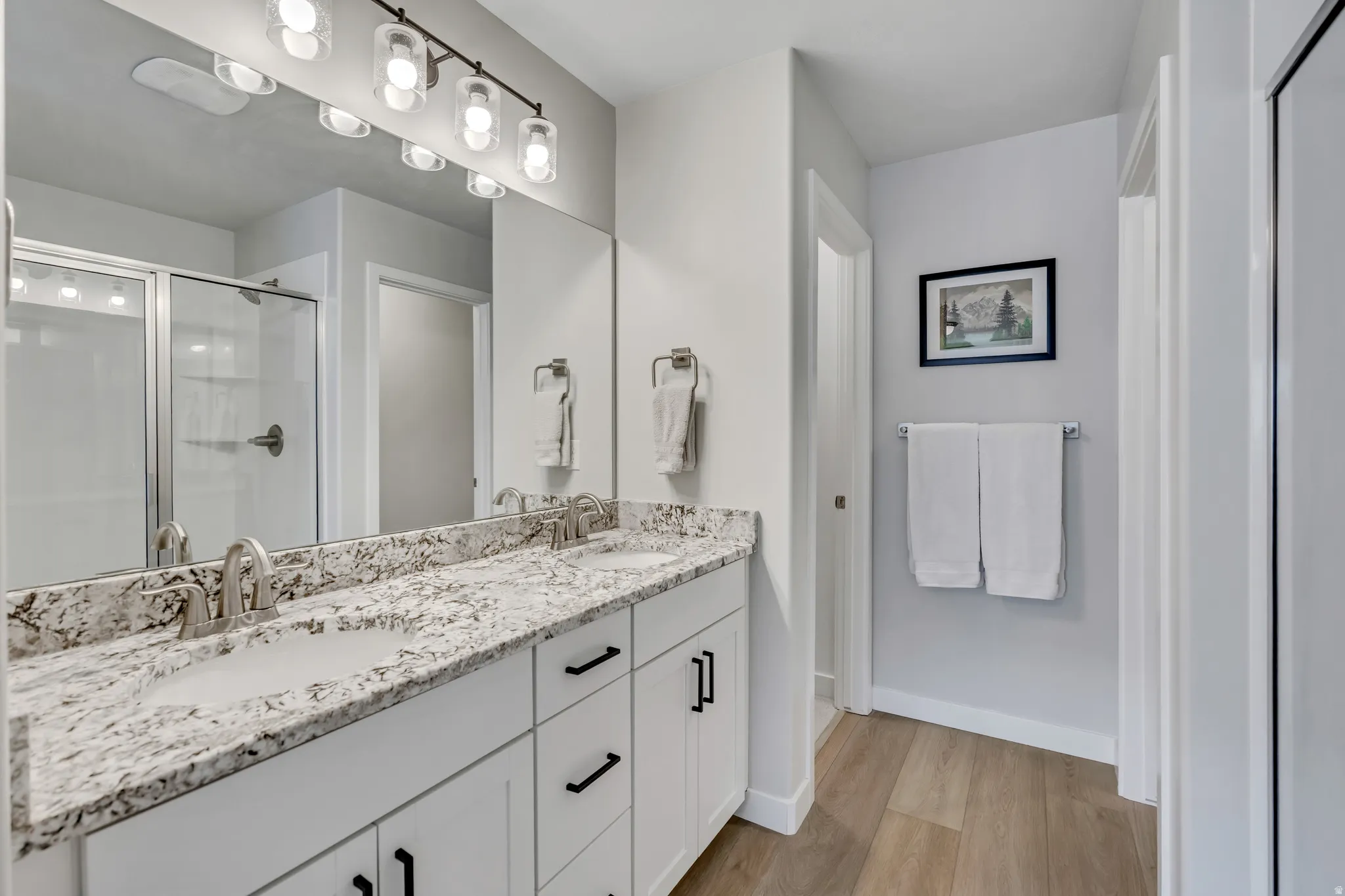 Double-vanity master/primary bathroom with shower.