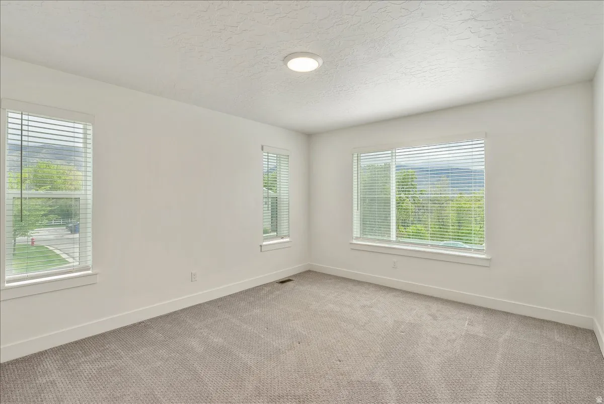 Carpeted empty room with baseboards and a textured ceiling