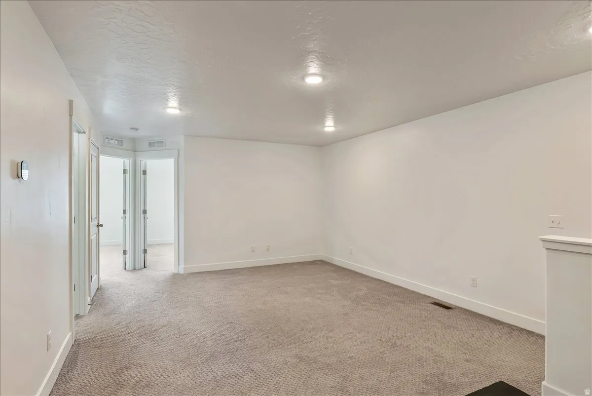 Spare room with light colored carpet and a textured ceiling
