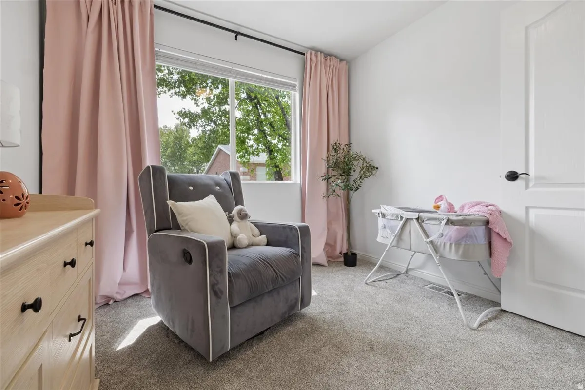 Sitting room with light carpet and baseboards