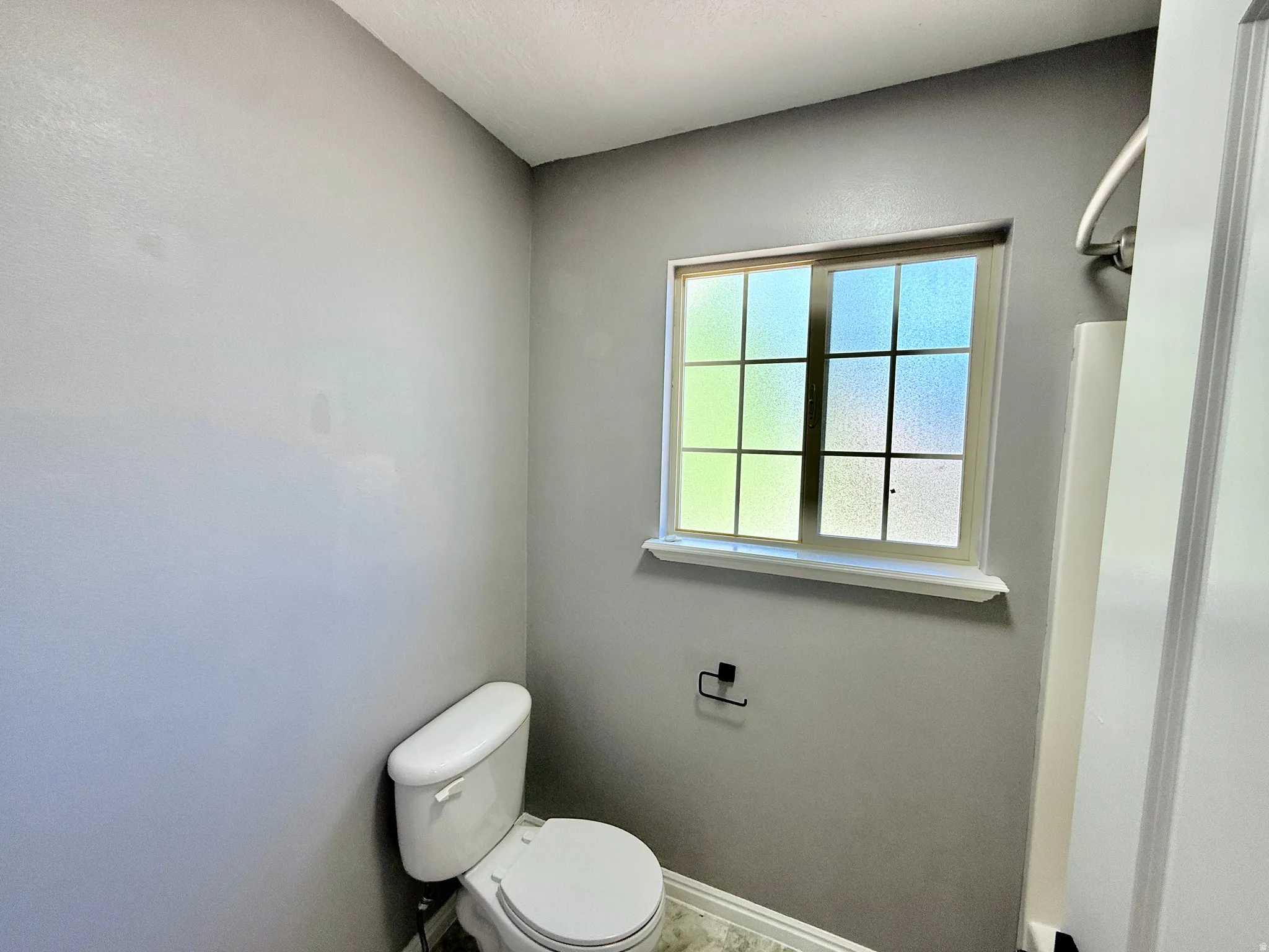 Full bathroom featuring a white toilet, frosted grid window, gray wall paint, white trim, and white door