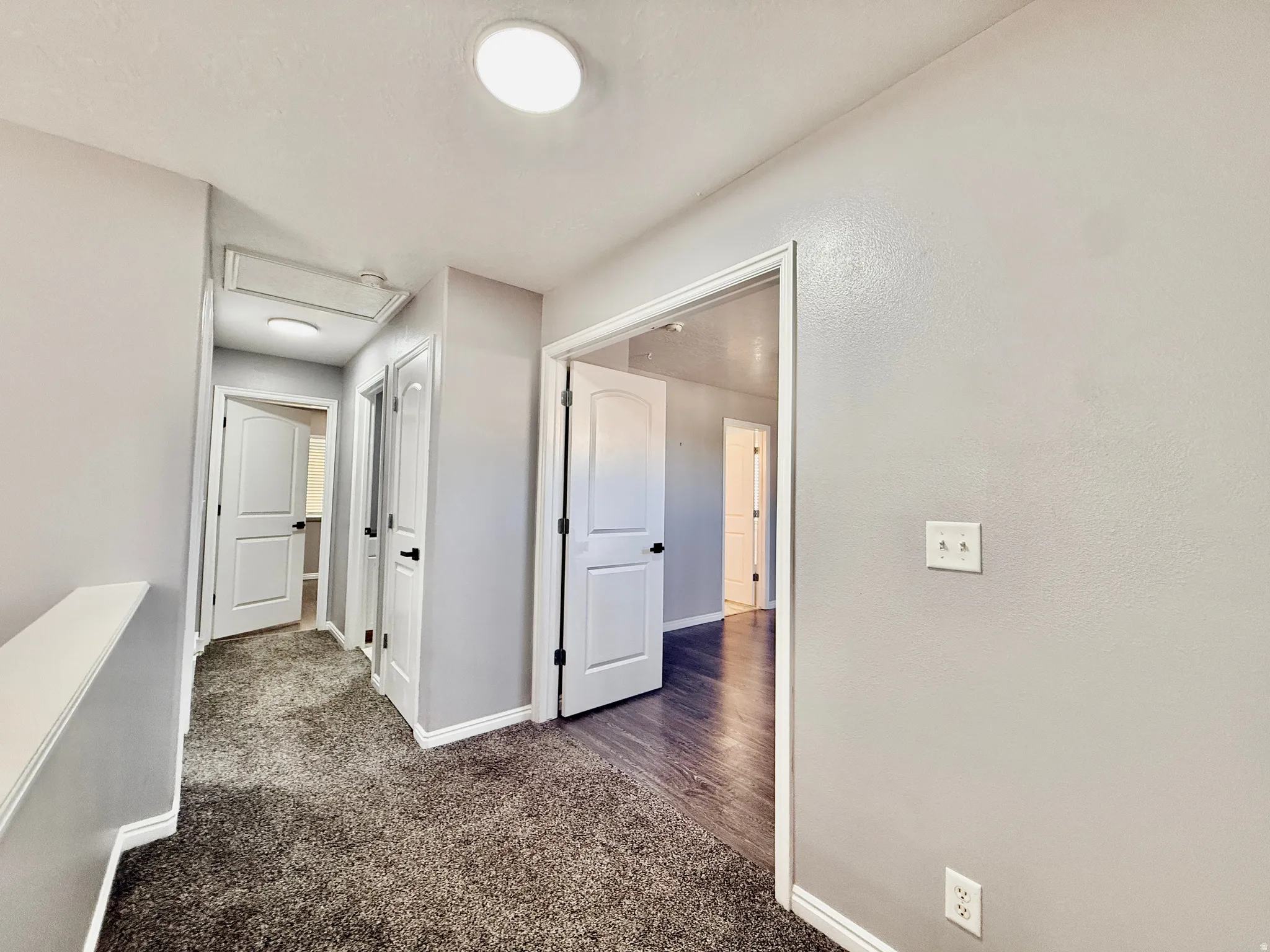 Hallway featuring gray wall paint, white trim, dark carpeting, and wood-finish flooring in an adjacent room