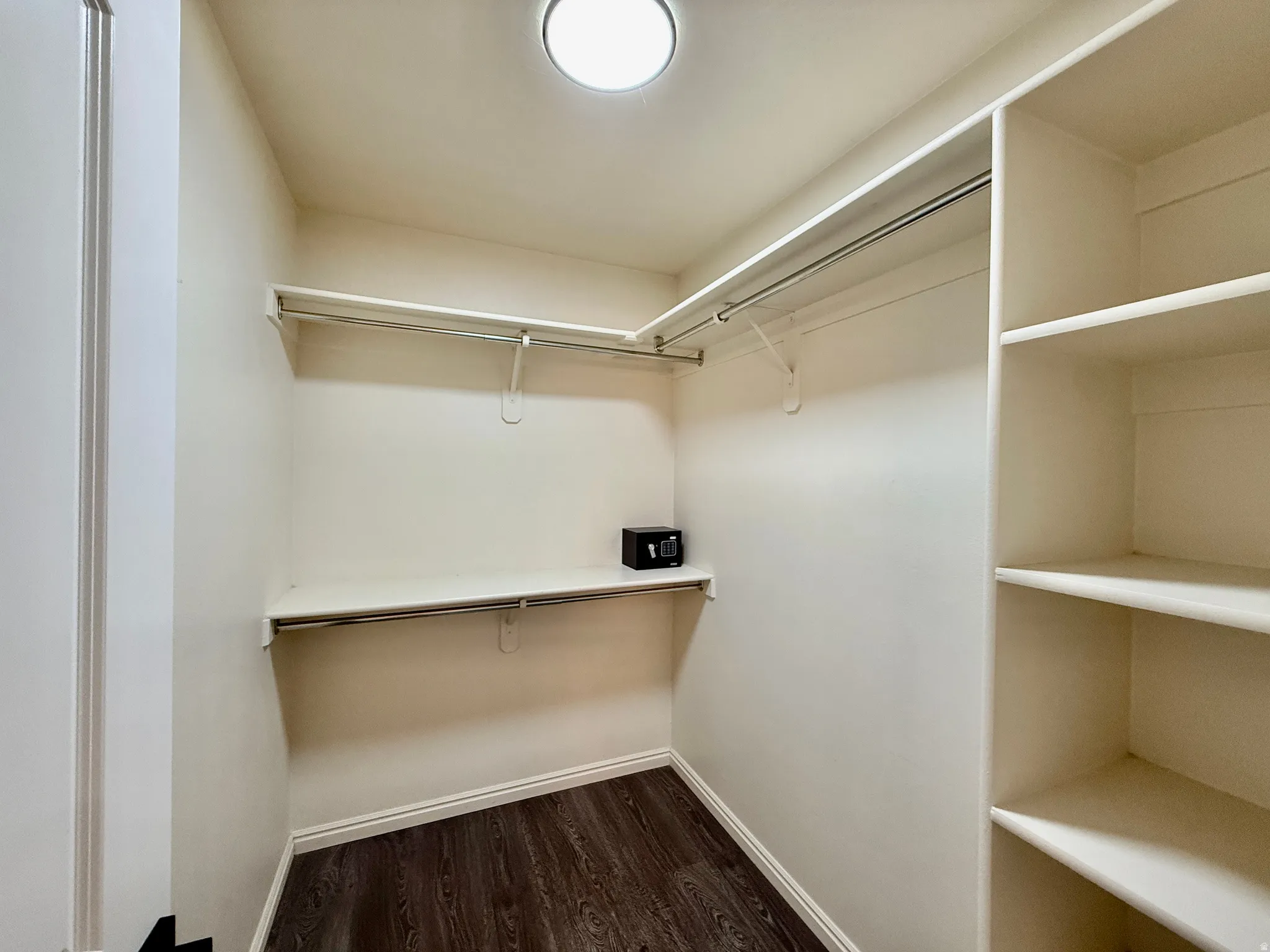 Walk-in closet featuring wood-finish flooring, built-in shelving, two hanging rods, a single shelf, and recessed ceiling lighting