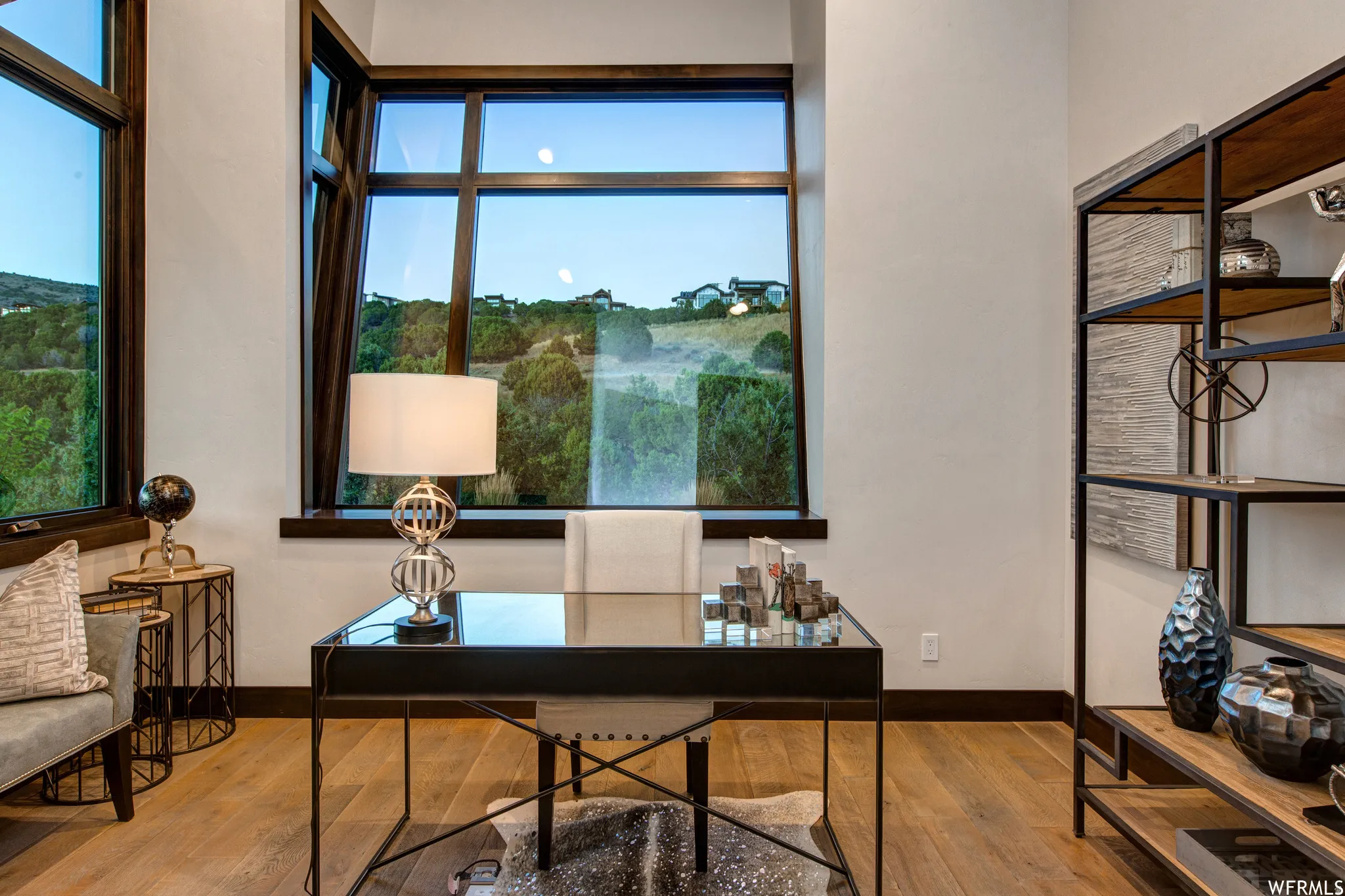 Home office with hardwood / wood-style flooring