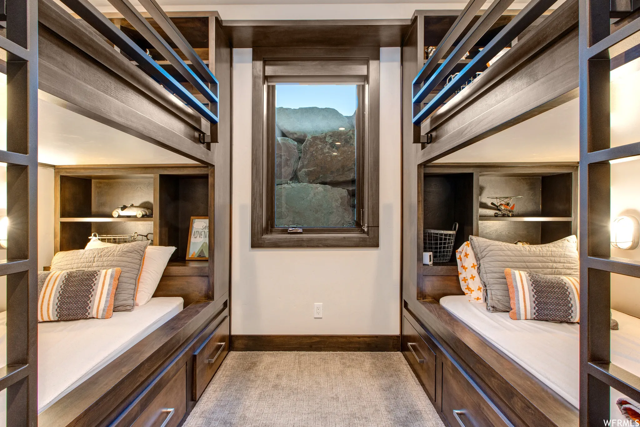 Mudroom featuring built in shelves and a mountain view