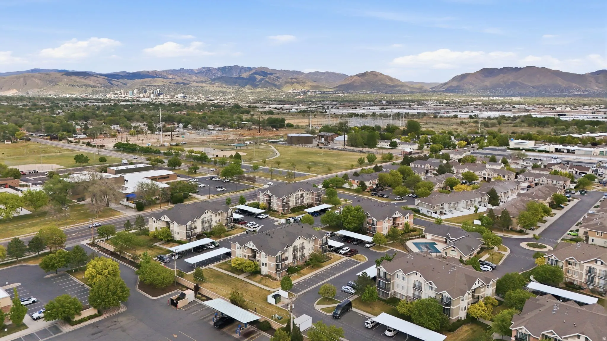 Aerial view of residential area with a mountain backdrop