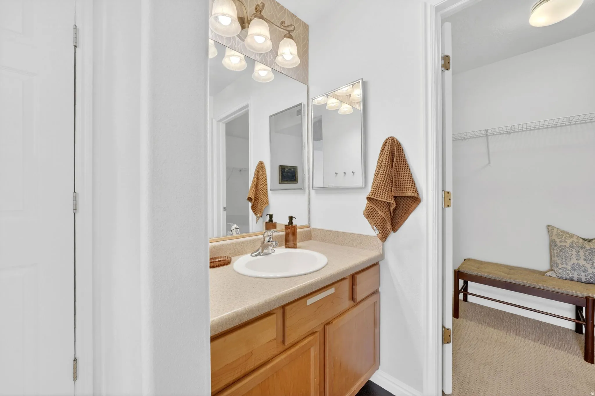 Bathroom featuring vanity and a spacious closet