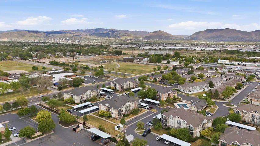 Aerial view of residential area with a mountain backdrop