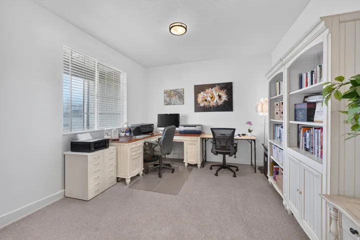 Spacious room featuring neutral carpeting, white walls, a large window with blinds, and built-in shelving with lower cabinet storage